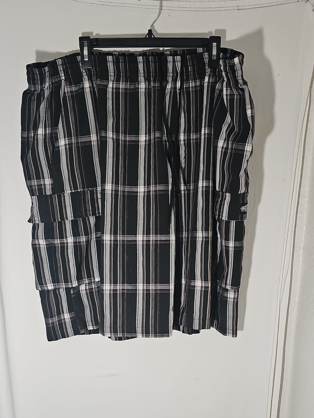 Black Plaid Cargo Shorts with Elastic Waist